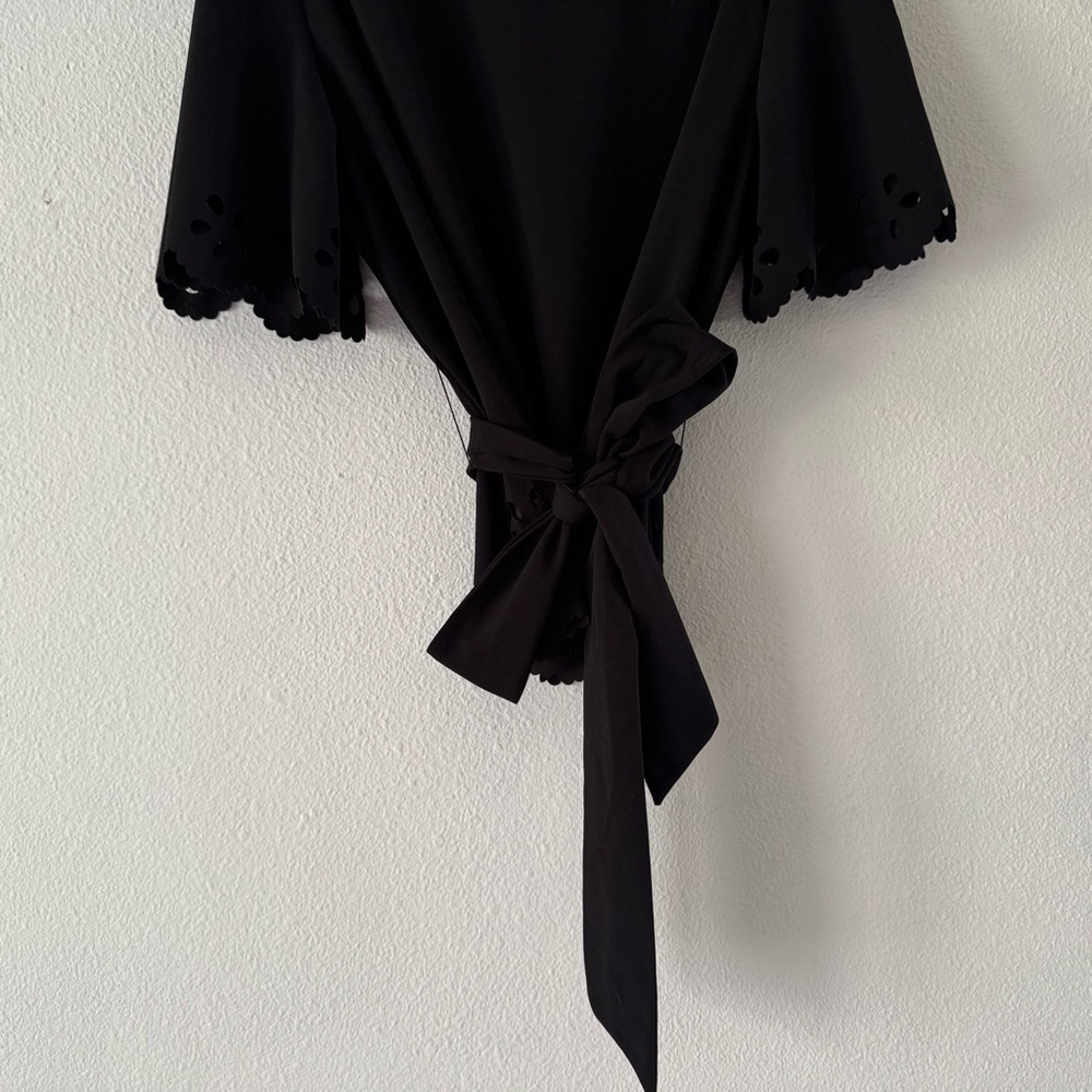Black Laser Cut Tie Waist Peplum Blouse XXL Bohemian Feminine Romantic - Picture 9 of 13